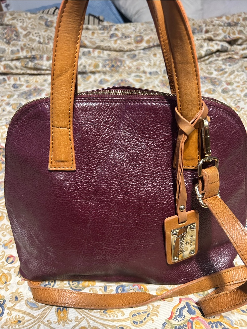 Valentino Burgundy and Tan Leather Dome Satchel